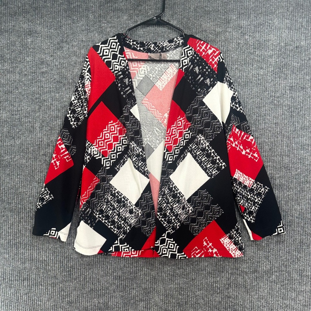 Chico's Easywear Cardigan Womens 1 Red Black Geometric Patchwork Excellent Open